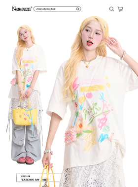NERESUM多巴胺彩色涂鸦短袖T恤女潮牌街头小众宽松百搭白色上衣潮