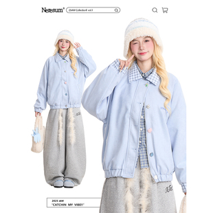 NERESUM学院风格 纹拼接翻领夹克女秋冬甜美慵懒宽松保暖百搭外套