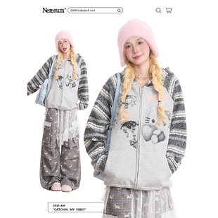 NERESUM趣味Kitty猫印花开衫 潮牌撞色百搭拉链连帽外套 卫衣女美式