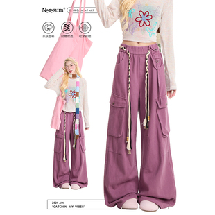 裤 阔腿显瘦长裤 女美式 新款 复古多口袋水洗直筒裤 NERESUM紫色工装
