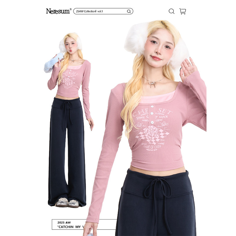 NERESUM美式复古假两件长袖T恤女早秋少女设计感显瘦短款打底上衣,女装/女士精品,T恤,淘宝优惠券,粉丝福利购,淘宝优惠卷