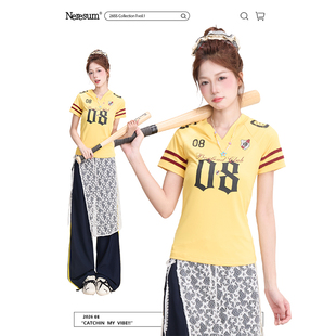 辣妹运动风显瘦球衣上衣 T恤女夏季 NERESUM美式 复古数字印花短袖