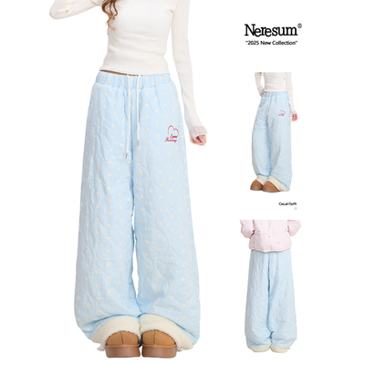 NERESUM雪花格纹直筒加绒棉裤