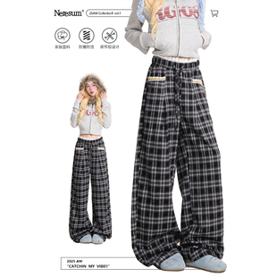 NERESUM复古格子裤女潮牌蕾丝拼接宽松休闲裤慵懒风显瘦直筒裤