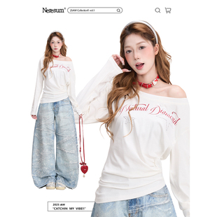 辣妹百搭显瘦斜肩上衣 T恤女春季 NERESUM美式 字母五角星烫钻长袖