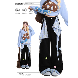 子直筒阔腿裤 NERESUM美式 女卷边褶皱裤 裤 立体花朵格纹飘带工装