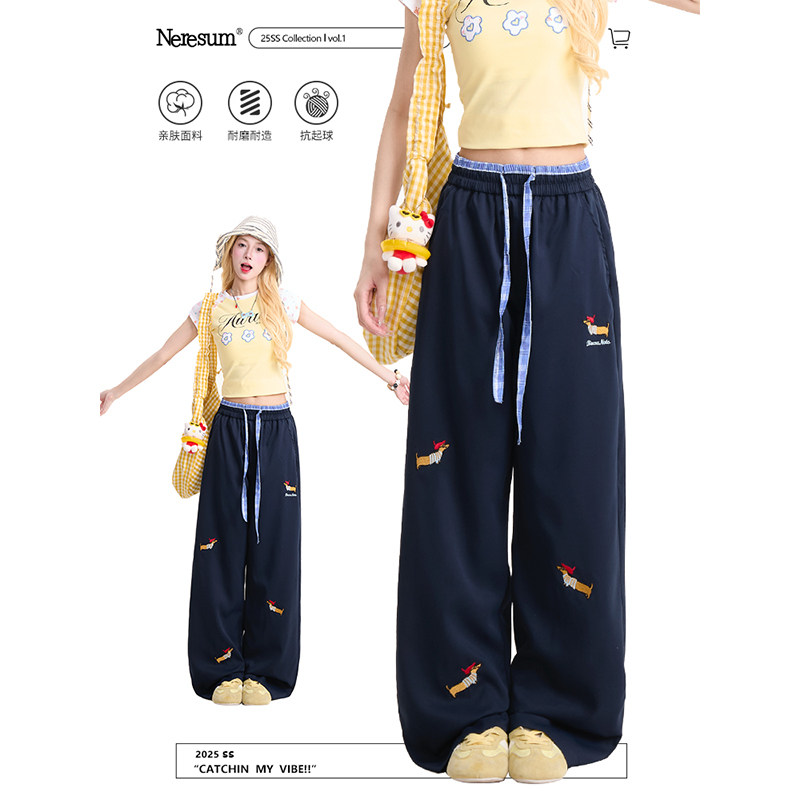 NERESUM腊肠狗刺绣直筒休闲裤