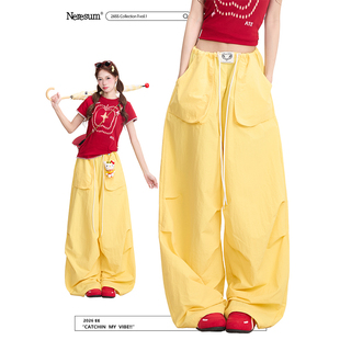宽松抽绳阔腿休闲裤 NERESUM美式 裤 女2026春夏褶皱工装 复古伞兵裤