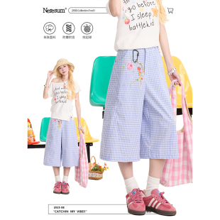 阔腿慵懒百搭短裤 新款 女潮牌夏季 NERESUM复古蓝色格纹休闲七分裤