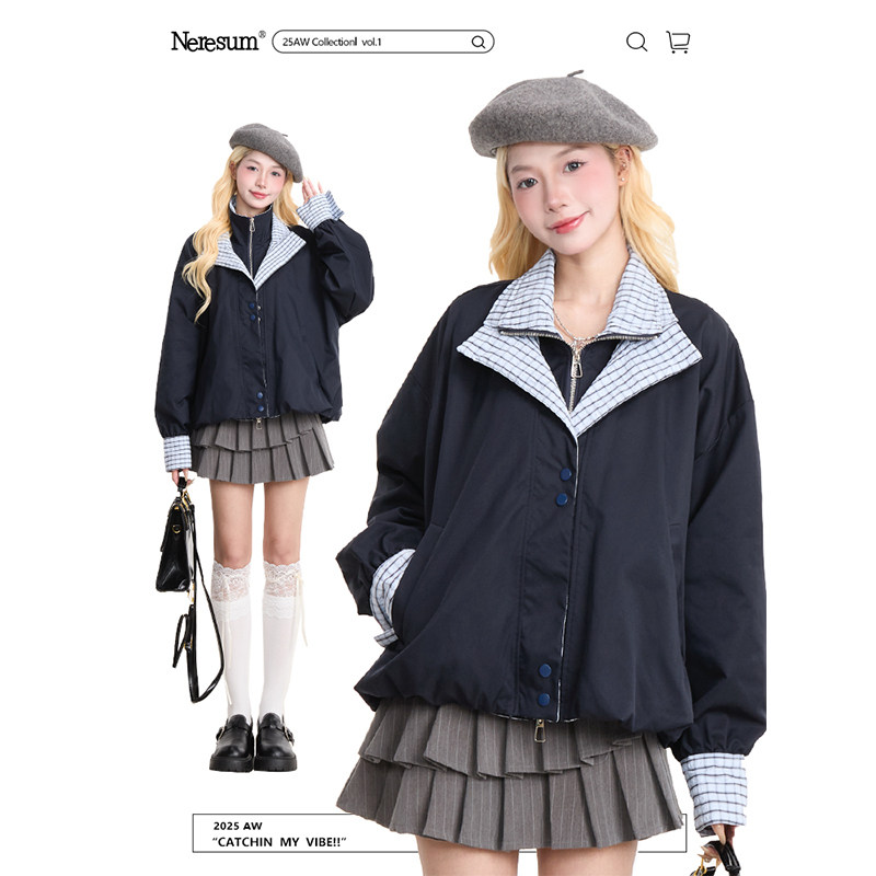 NERESUM复古格子拼接假两件外套