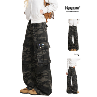 子辣妹褶皱显瘦阔腿裤 NERESUM迷彩工装 复古多口袋直筒裤 女美式 裤