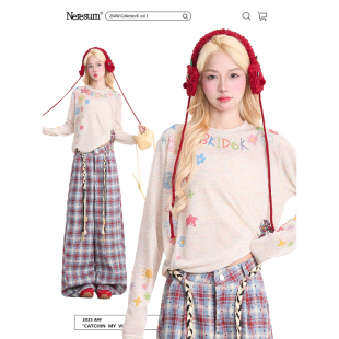 防晒上衣 潮牌减龄慵懒宽松秋季 NERESUM卡通涂鸦印花长袖 T恤女美式