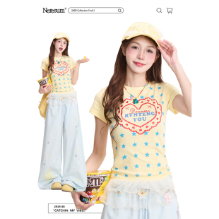 轻亚风甜辣正肩显瘦短款 T恤女夏季 上衣 短袖 NERESUM爱心星星美式