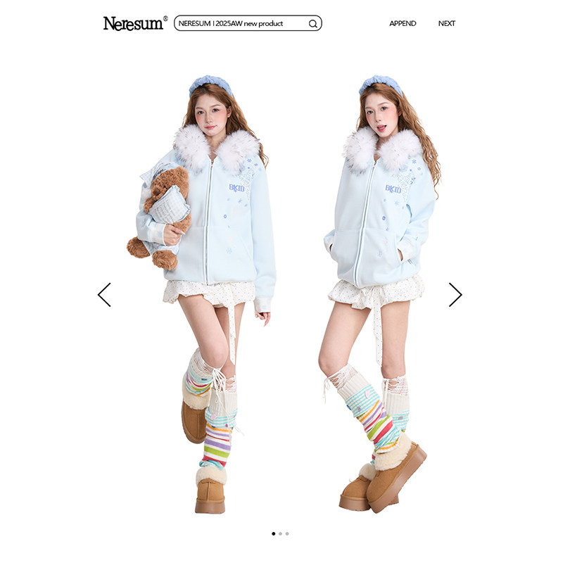 NERESUM雪花刺绣大毛领连帽卫衣女冬季韩系宽松保暖百搭开衫外套