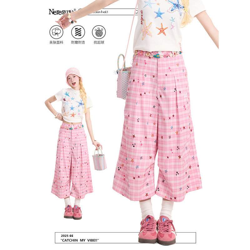 NERESUM彩色星星粉色格纹七分裤女夏日多巴胺阔腿显瘦休闲短裤