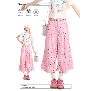 NERESUM彩色星星粉色格纹七分裤 女夏日多巴胺阔腿显瘦休闲短裤