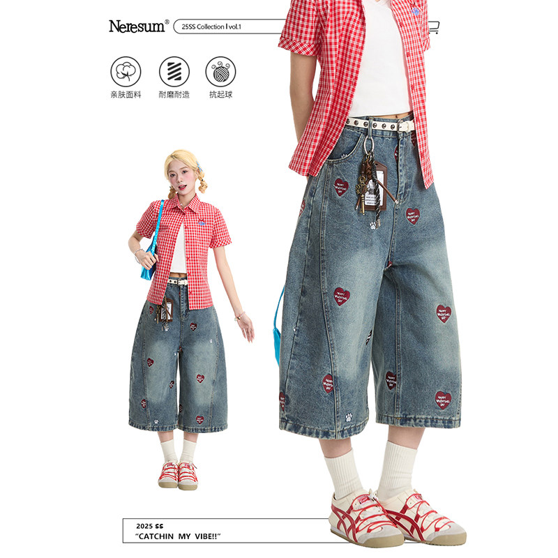 NERESUM蓝色牛仔七分裤女爱心猫爪刺绣做旧水洗直筒夏季百搭短裤,女装/女士精品,牛仔裤,淘宝优惠券,粉丝福利购,淘宝优惠卷