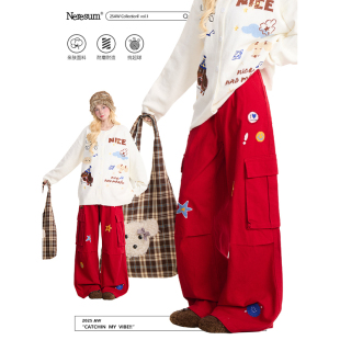 褶皱拖地裤 NERESUM星星毛巾绣工装 嘻哈多口袋直筒裤 女美式 子 裤