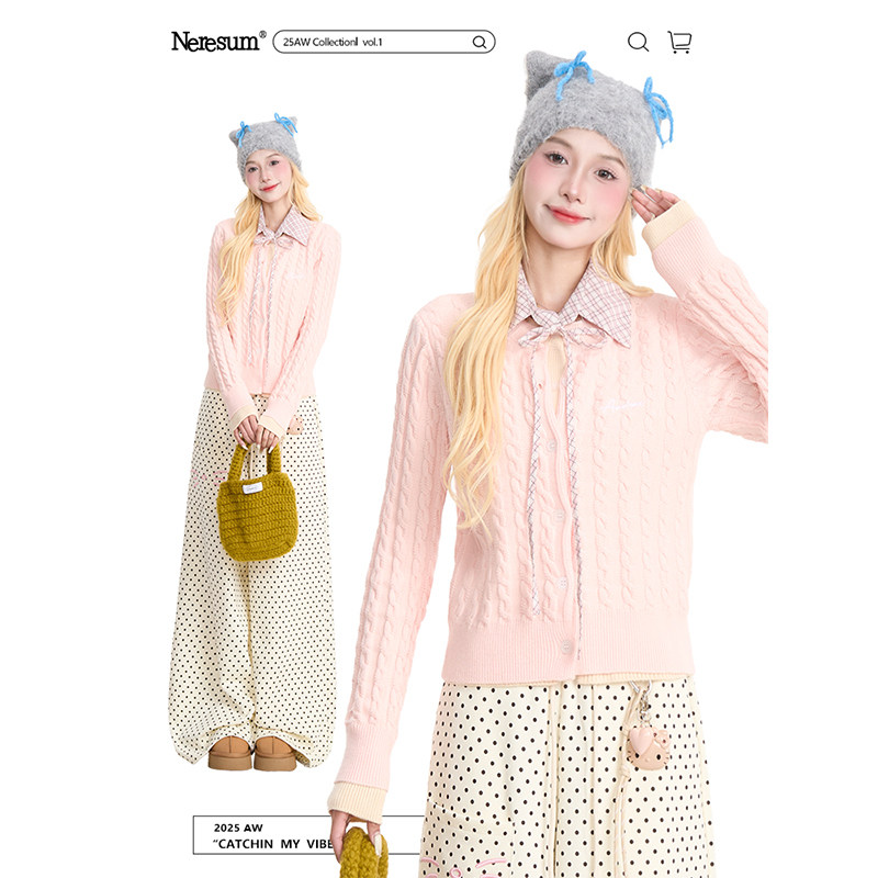 NERESUM麻花编粉色开衫毛衣女假两件显瘦温柔百搭短款针织上衣