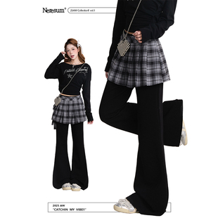 NERESUM格纹裙摆屁帘卫裤女复古假两件轻亚风修身显瘦休闲微喇裤