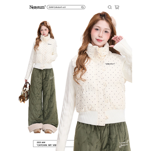 NERESUM冬季针织拼接波点棉衣厚外套女韩系复古甜美保暖立领棉服