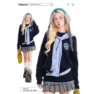 NERESUM美式 披肩圆领毛衣女学院风宽松保暖慵懒百搭套头针织上衣