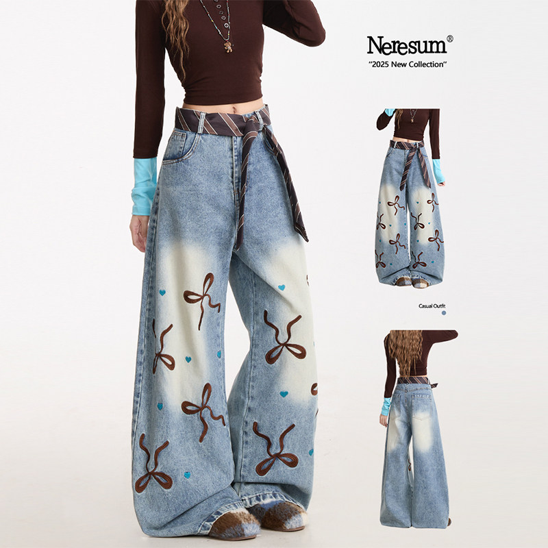 NERESUM蝴蝶结刺绣牛仔裤女复古做旧水洗弯刀裤潮牌宽松阔腿裤,女装/女士精品,牛仔裤,淘宝优惠券,粉丝福利购,淘宝优惠卷