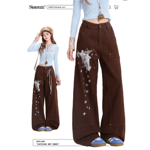 牛仔裤 NERESUM星星印花工装 宽松美式 女解构设计感水洗直筒裤 裤