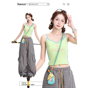 短款 NERESUM多巴胺字母刺绣吊带背心女夏季 辣妹无袖 美式 上衣 新款