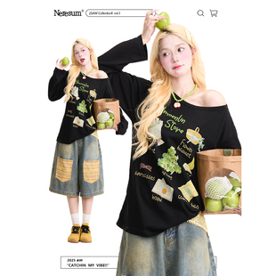 宽松防晒百搭休闲罩衫 潮牌新款 T恤女美式 NERESUM趣味印花斜领长袖