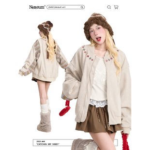 NERESUM复古民族风织带拼接夹克女设计感小众宽松美式 棒球服外套