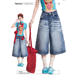 女春夏做旧慵懒宽松显瘦阔腿牛仔短裤 NERESUM美式 复古阔腿七分裤