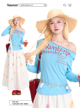 NERESUM美式字母印花斜肩长袖T恤女多巴胺修身新款休闲罩衫上衣