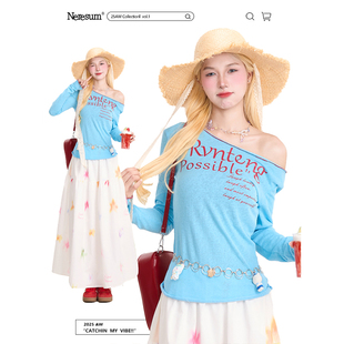 休闲罩衫 NERESUM美式 新款 T恤女多巴胺修身 上衣 字母印花斜肩长袖