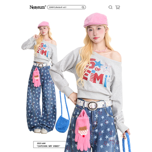 上衣 慵懒露肩宽松短款 NERESUM美式 字母印花斜领卫衣女潮牌新款