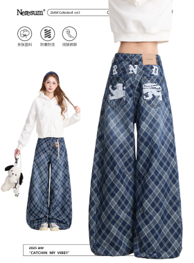 NERESUM蓝色格纹牛仔裤女美式高街设计感弯刀裤宽松拖地阔腿裤