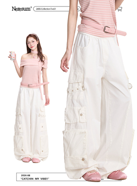 NERESUM白色多口袋裤子女美式潮牌直筒工装裤百搭宽松拖地阔腿裤