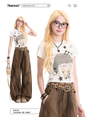 NERESUM亚比女孩印花白色短款短袖女夏季正肩辣妹小众百搭上衣T恤