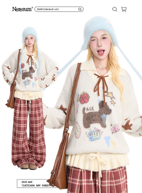 NERESUM卡通小狗日系套头毛衣女款减龄慵懒内搭宽松POLO领针织衫