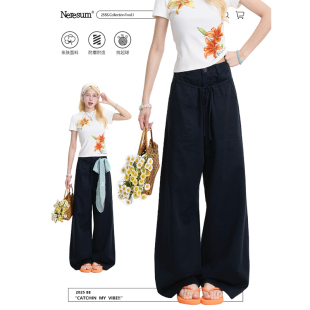 裤 NERESUM美式 垂感拖地休闲工装 女直筒宽松弯刀裤 子 假两件阔腿裤
