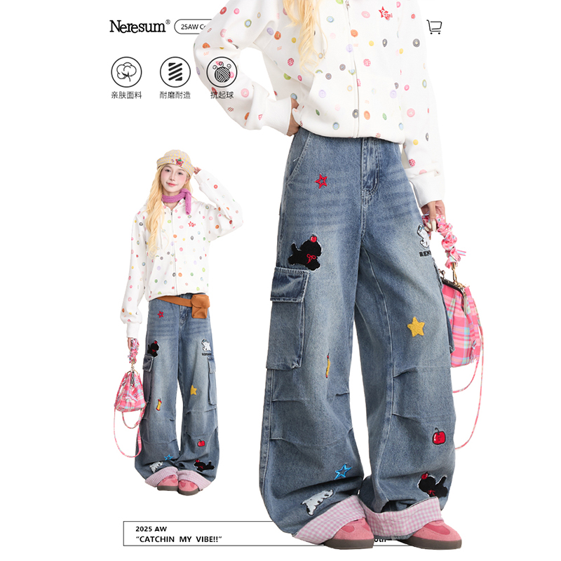 NERESUM卡通刺绣工装牛仔裤