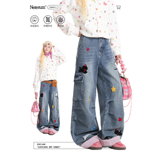 NERESUM卡通刺绣工装牛仔裤女复古格子卷边直筒裤美式褶皱阔腿裤