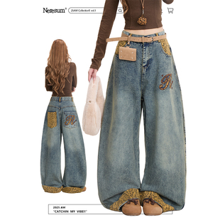 子宽松显瘦阔腿裤 女复古水洗裤 豹纹拼接弯刀牛仔裤 NERESUM美式
