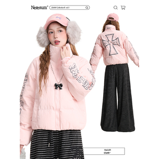NERESUM十字架印花立领棉衣女冬季 潮牌加厚保暖面包服外套 美式