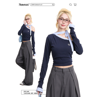 短款 NERESUM格纹拼接绑带斜领长袖 甜辣修身 美式 露肩上衣 T恤女秋季