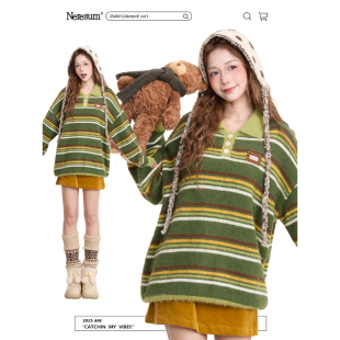 NERESUM复古条纹撞色Polo领毛衣女秋冬软糯宽松慵懒美式 针织上衣