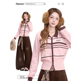 NERESUM复古条纹撞色开衫毛衣女秋冬学院风显瘦短款翻领针织衫