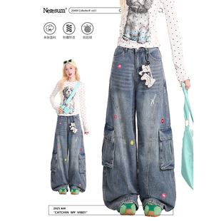 NERESUM花朵刺绣工装牛仔裤女美式多口袋直筒长裤街头休闲阔腿裤