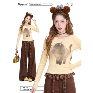 T恤女新款 打底衫 美式 显瘦短款 辣妹风修身 NERESUM趣味猫咪印花长袖