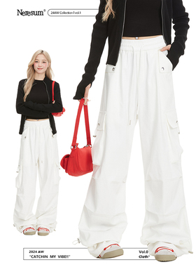Neresum美式潮牌白色工装裤女宽松直筒hiphop爵士舞阔腿休闲裤子